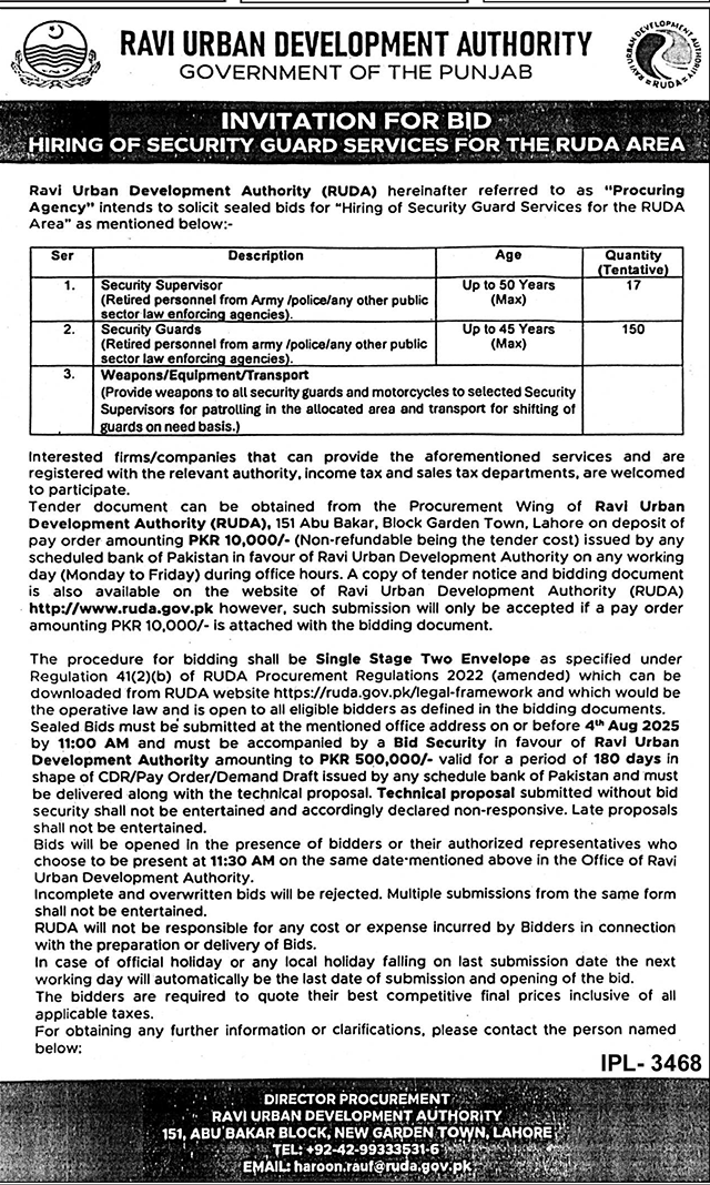 Ravi Urban Development Authority Lahore Tender Notice